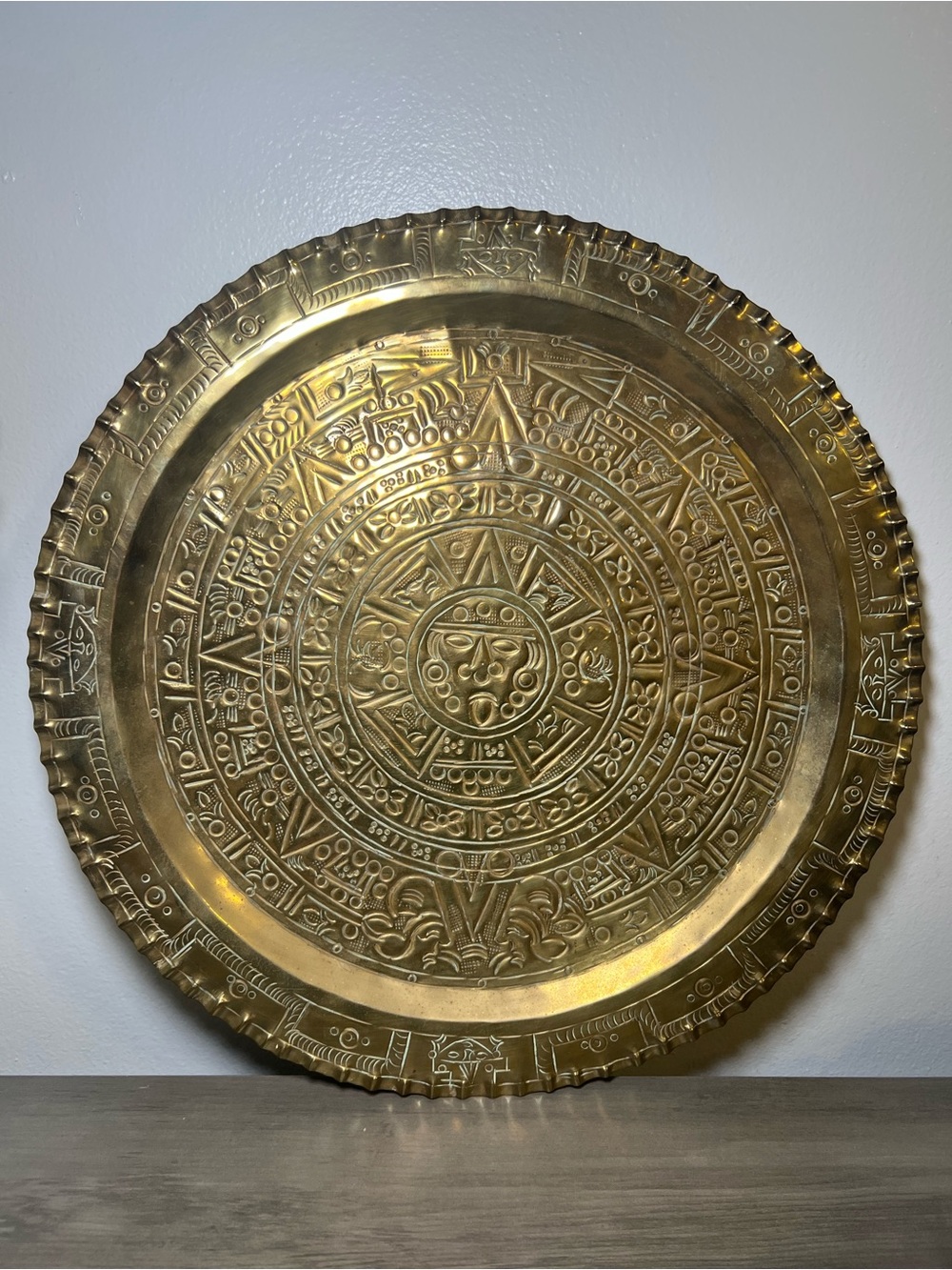 Vintage Decorative Embossed Brass Wall 16” Tray Plate- Aztec Calendar